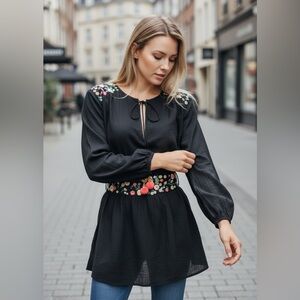 TORY BURCH Fleur Blouse Embroidered Peasant Tunic Black Floral Long Boho